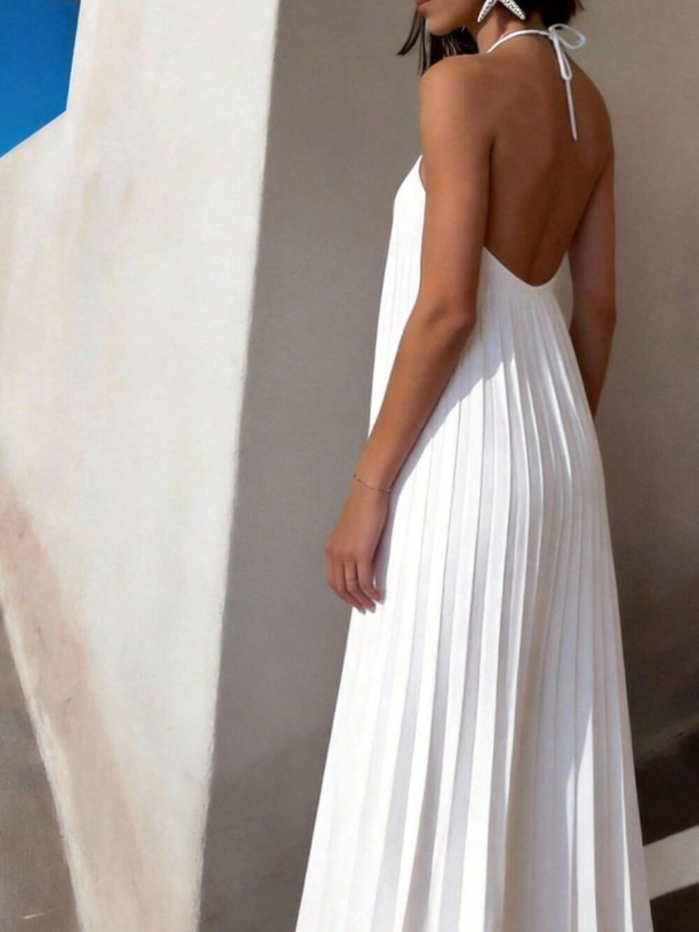 White Elegant Women's Pleated Halter Neck Maxi Dress - Picture 2 of 11